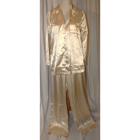 PajamaGram ivory satin 2-piece PJ Pajama Lounge Set Size Medium Elastic Waist - Picture 1 of 9